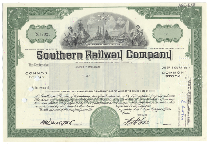 Southern Railway Company Stock Certificate