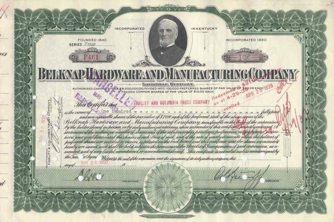 Belknap Hardware and Manufacturing Company Stock Certificate