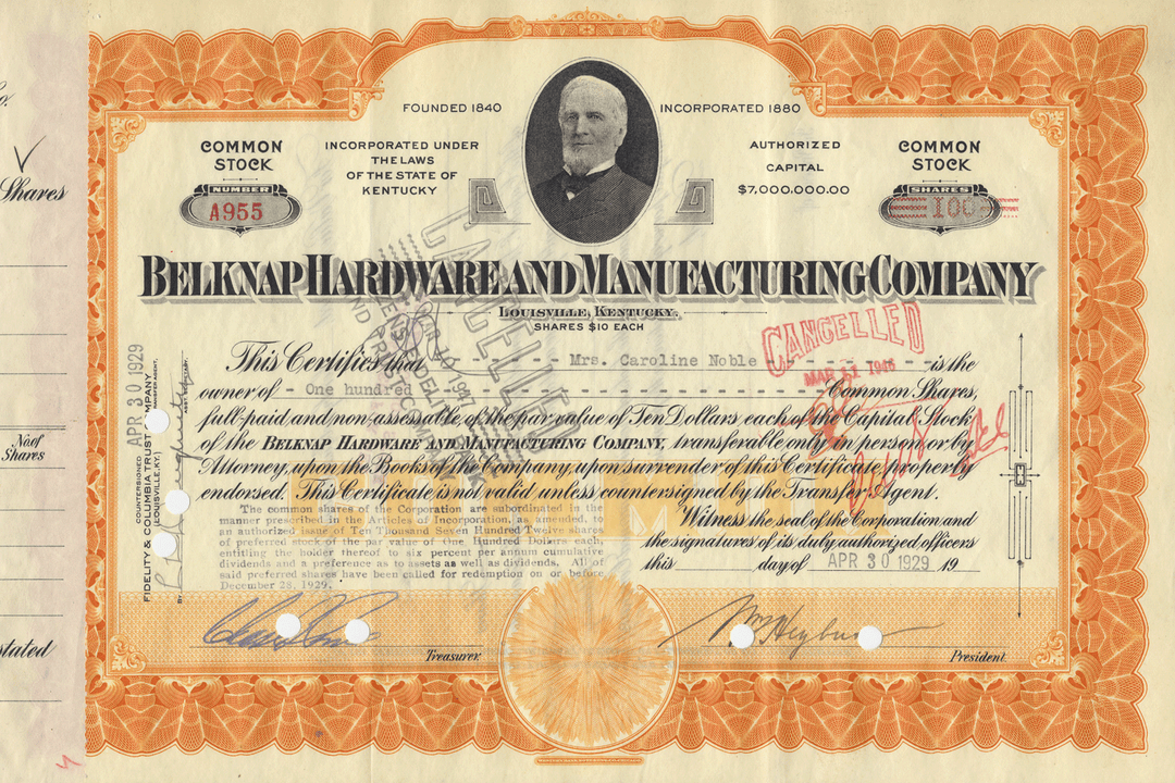 Belknap Hardware and Manufacturing Company Stock Certificate