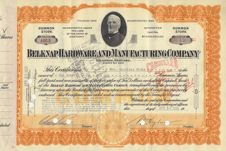 Belknap Hardware and Manufacturing Company Stock Certificate