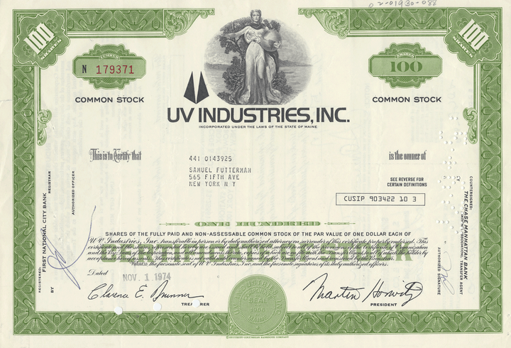 UV Industries, Inc. Stock Certificate