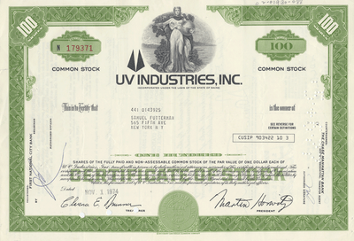 UV Industries, Inc. Stock Certificate