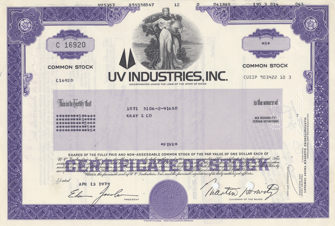 UV Industries, Inc. Stock Certificate