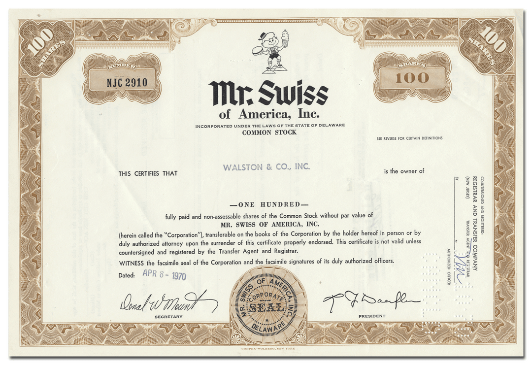 Mr. Swiss of America, Inc. Stock Certificate