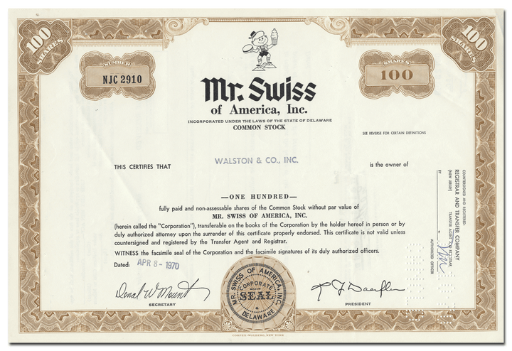 Mr. Swiss of America, Inc. Stock Certificate