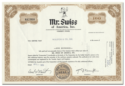 Mr. Swiss of America, Inc. Stock Certificate
