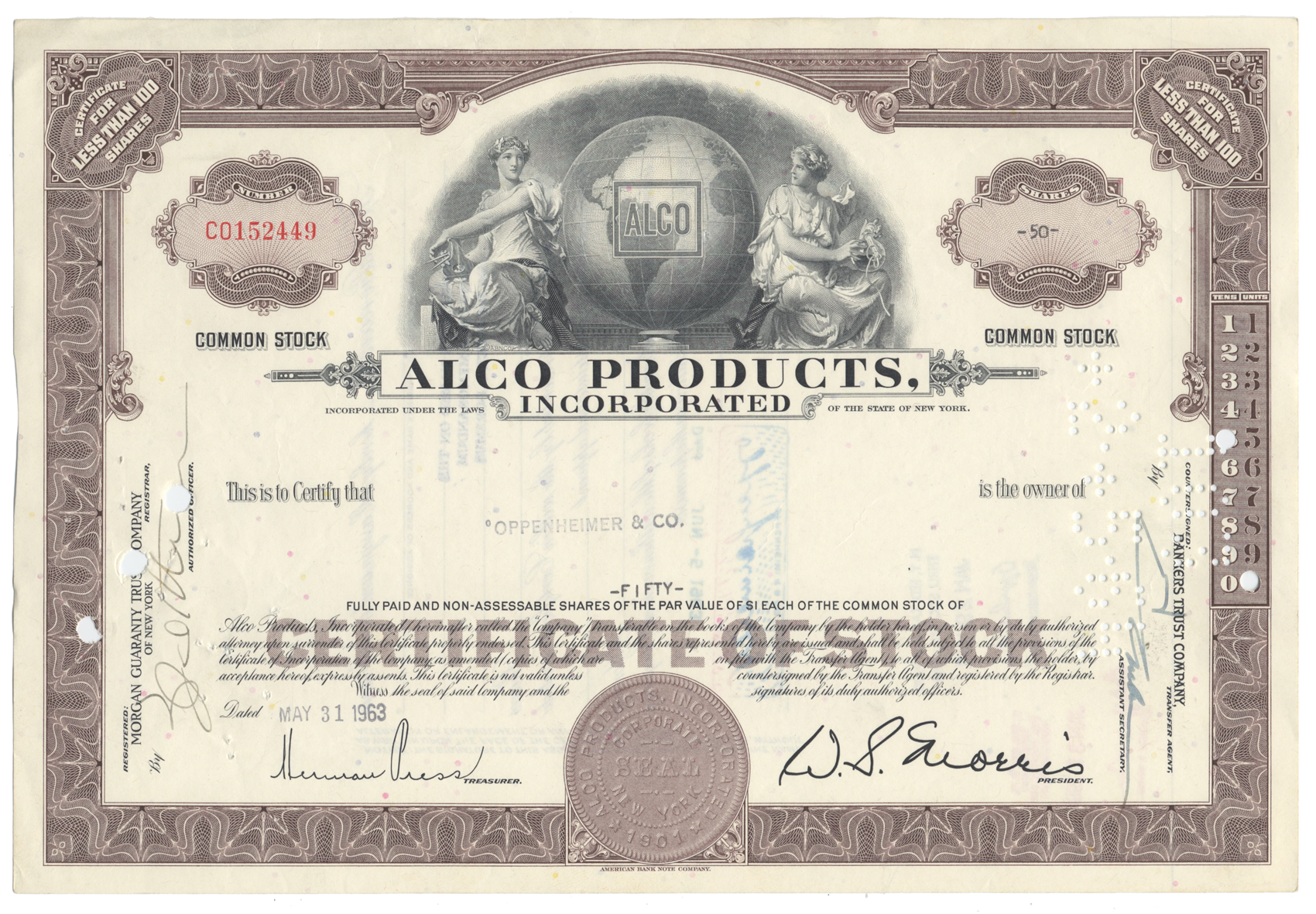 Alco Products, Incorporated Stock Certificate