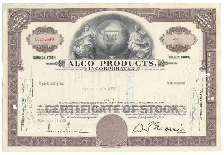 Alco Products, Incorporated Stock Certificate