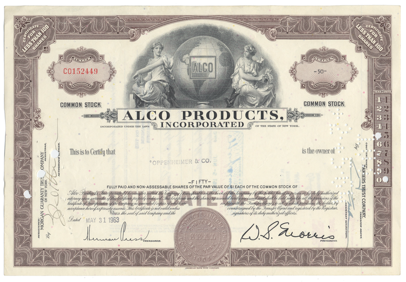 Alco Products, Incorporated Stock Certificate