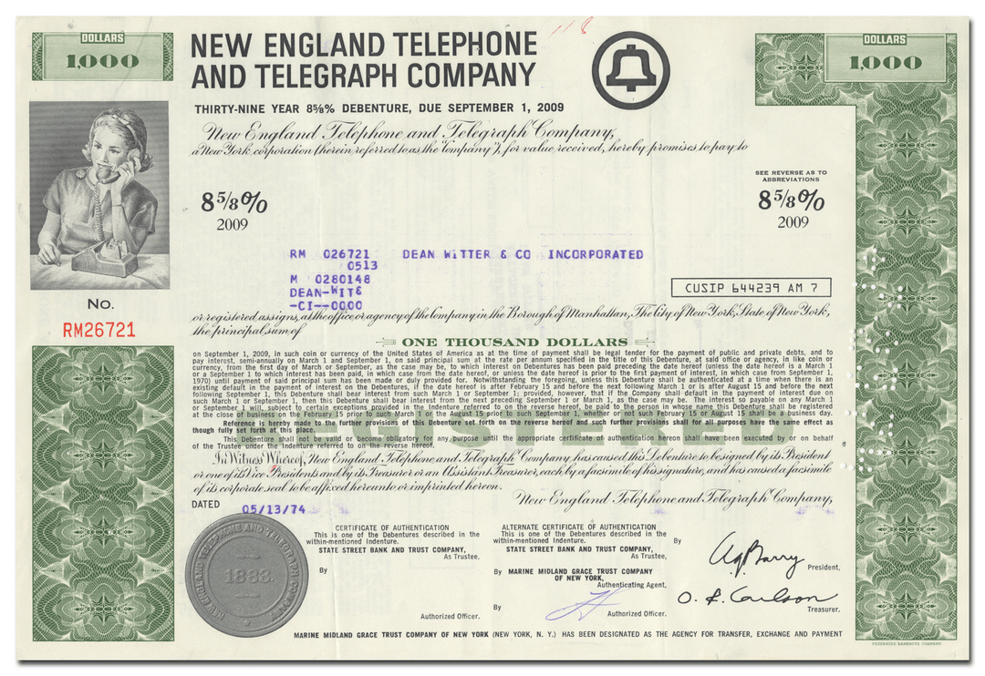 New England Telephone and Telegraph Company Bond Certificate