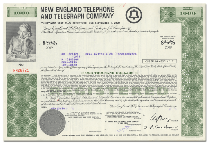 New England Telephone and Telegraph Company Bond Certificate