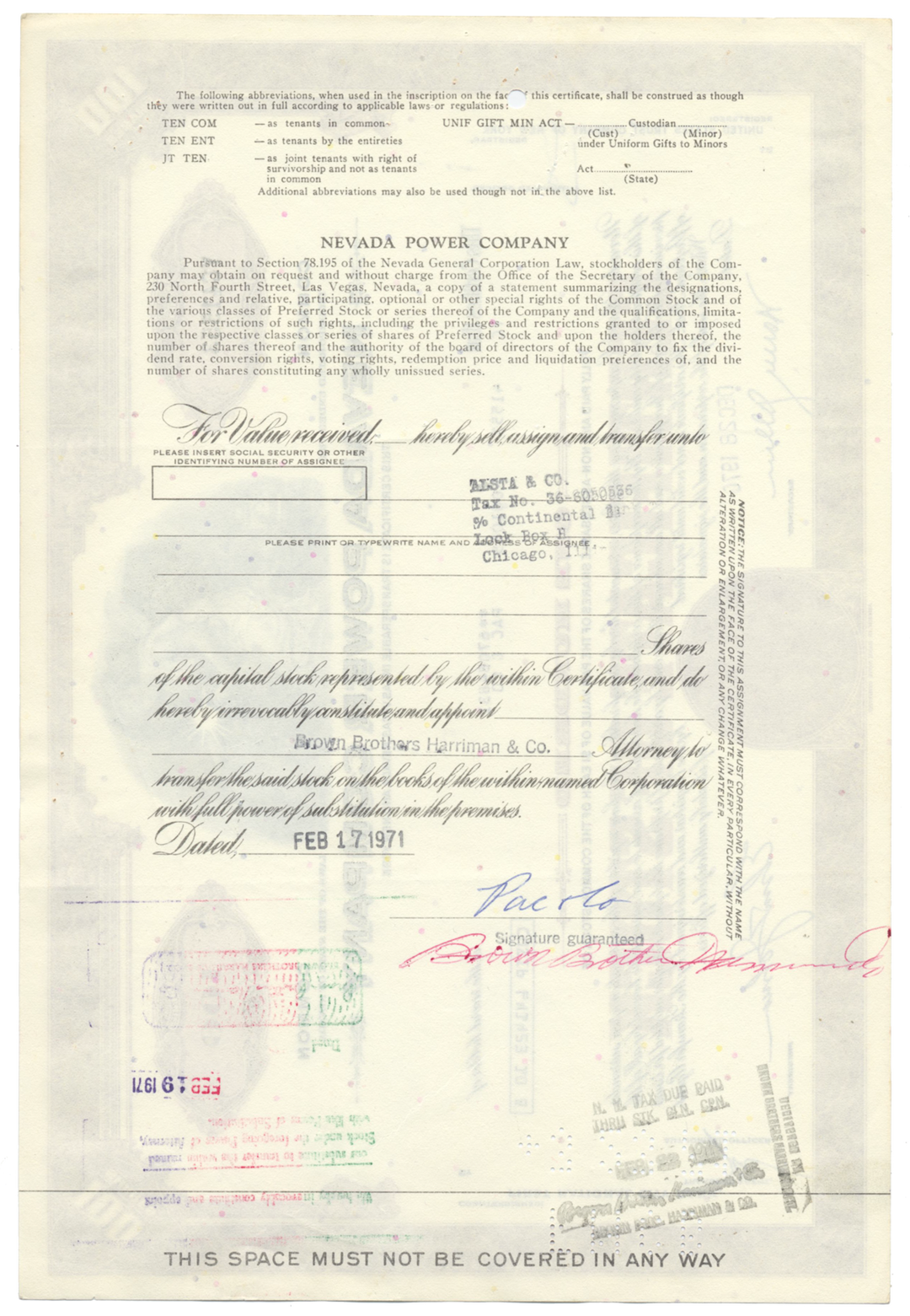 Nevada Power Company Stock Certificate