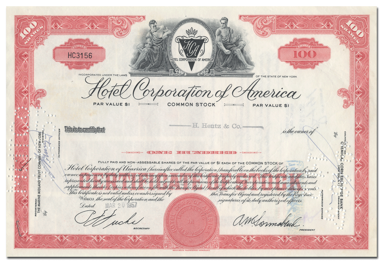 Hotel Corporation of America Stock Certificate