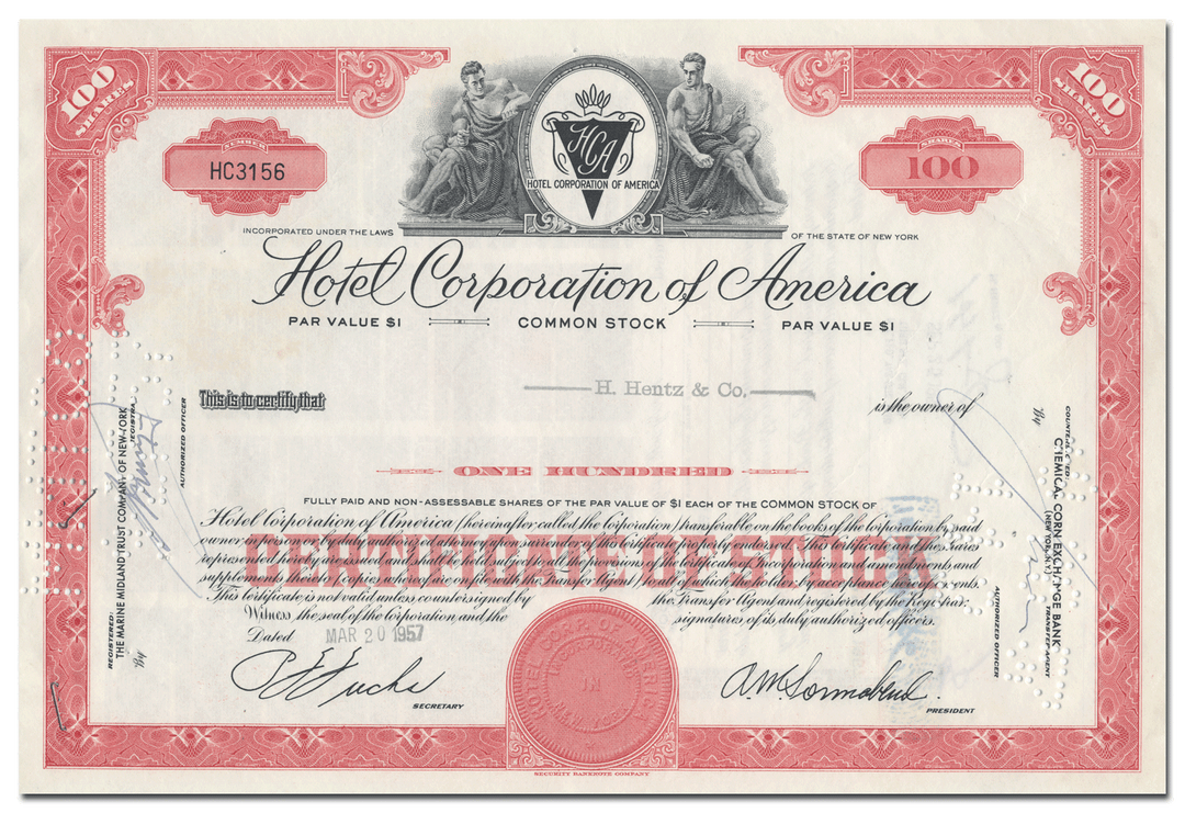 Hotel Corporation of America Stock Certificate