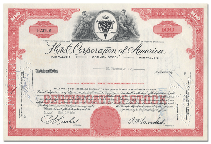 Hotel Corporation of America Stock Certificate