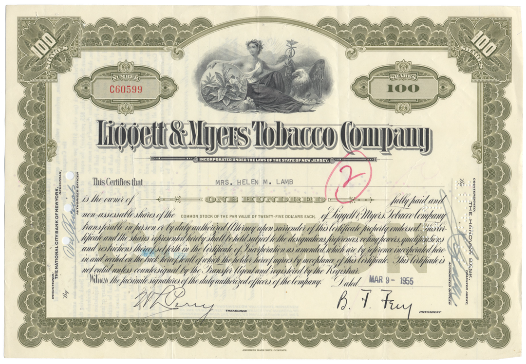 Liggett & Myers Tobacco Company Stock Certificate