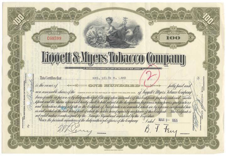 Liggett & Myers Tobacco Company Stock Certificate