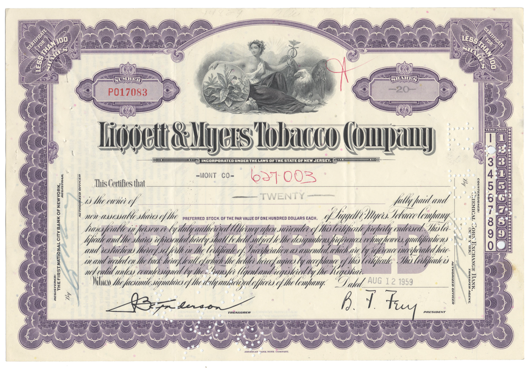 Liggett & Myers Tobacco Company Stock Certificate