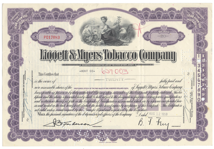 Liggett & Myers Tobacco Company Stock Certificate