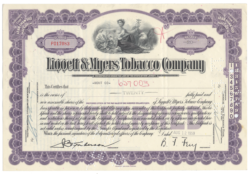 Liggett & Myers Tobacco Company Stock Certificate