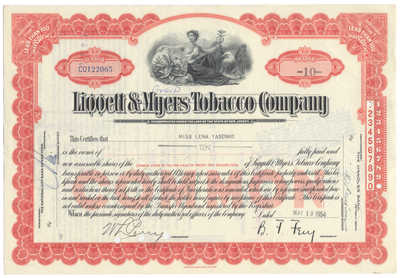 Liggett & Myers Tobacco Company Stock Certificate