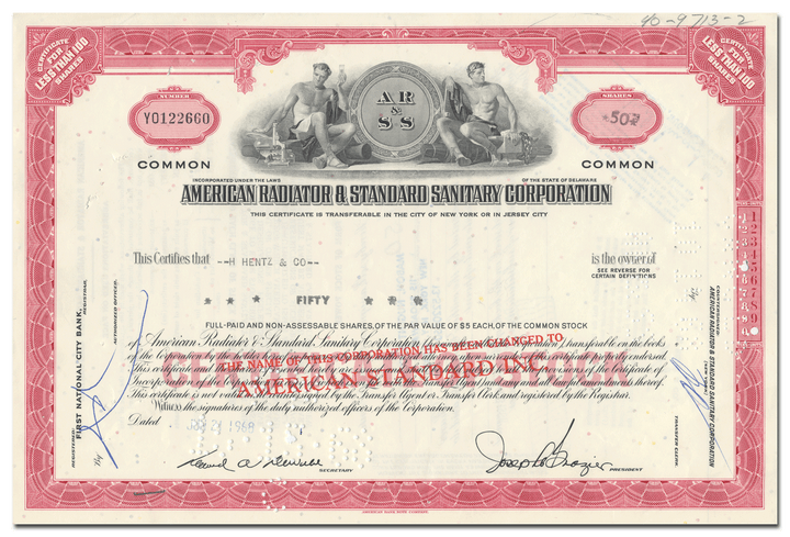 American Radiator & Standard Sanitary Corporation Stock Certificate