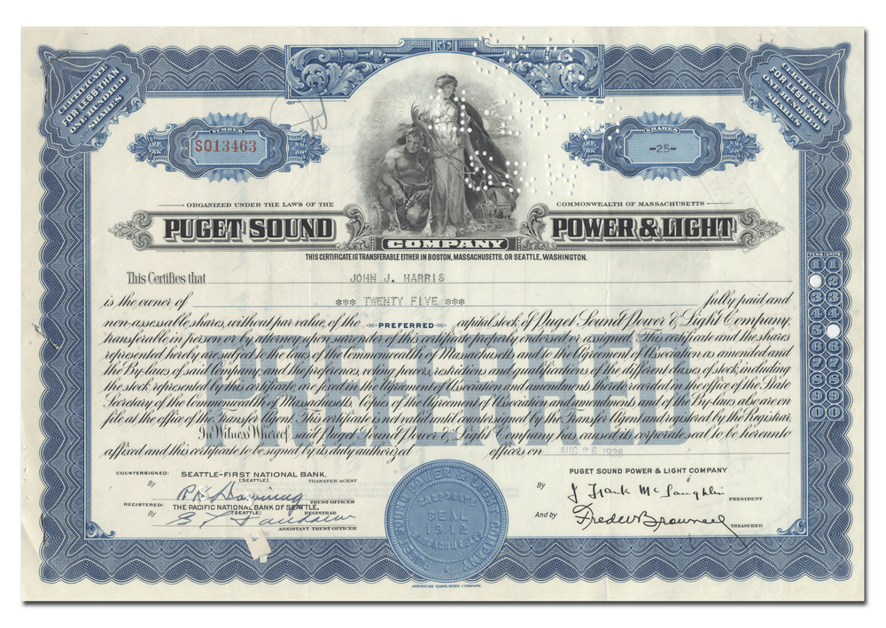 Puget Sound Power & Light Company Stock Certificate