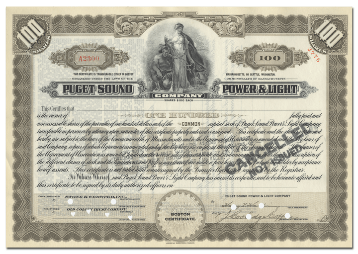 Puget Sound Power & Light Company Stock Certificate