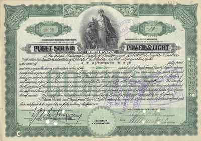 Puget Sound Power & Light Company Stock Certificate