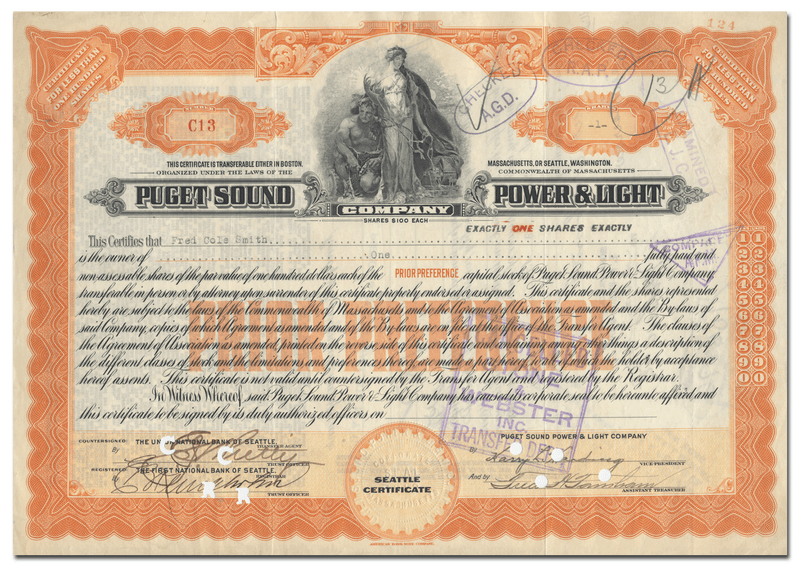 Puget Sound Power & Light Company Stock Certificate
