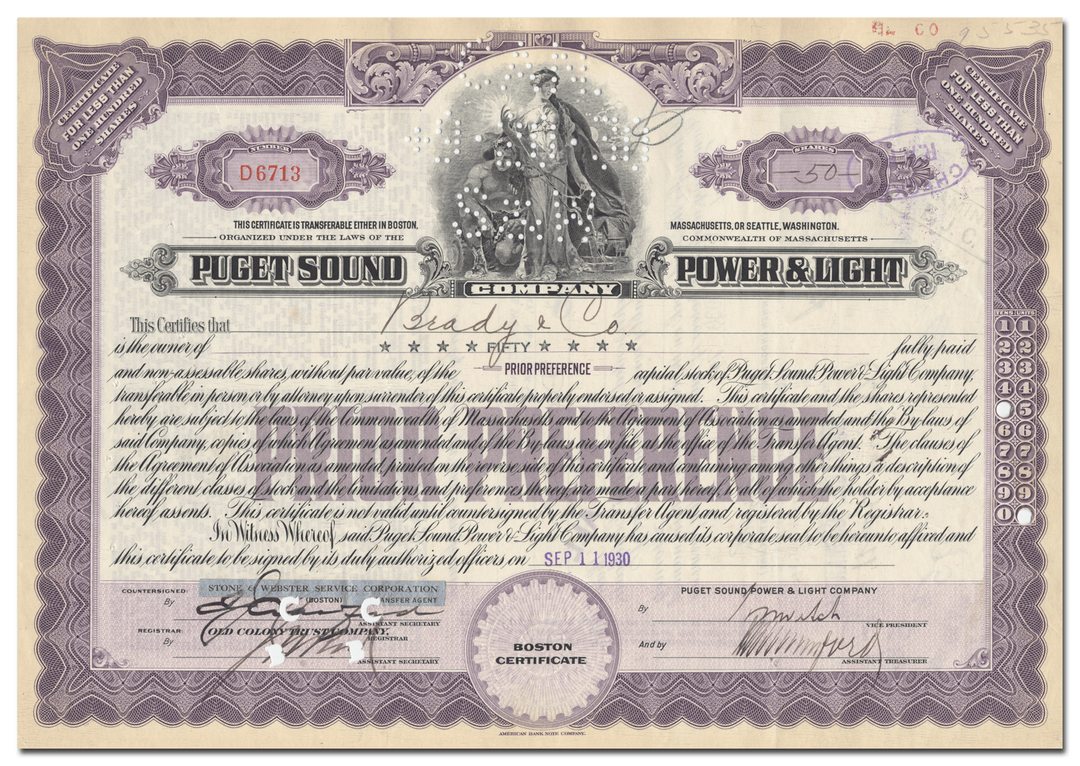 Puget Sound Power & Light Company Stock Certificate