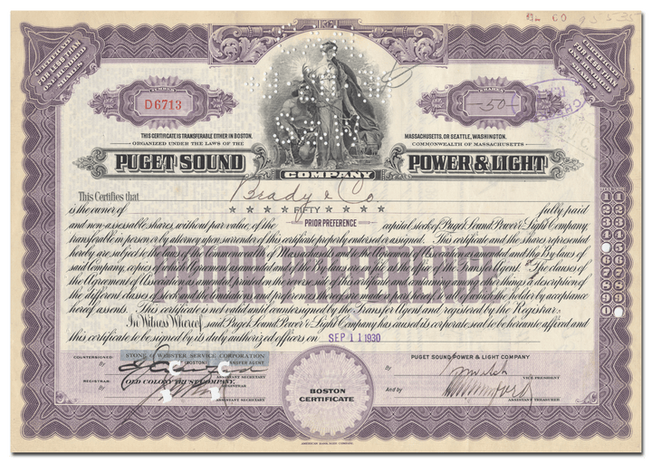 Puget Sound Power & Light Company Stock Certificate