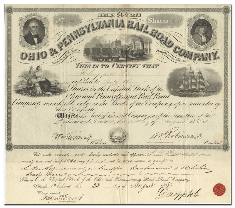 Ohio and Pennsylvania Rail Road Company Stock Certificate
