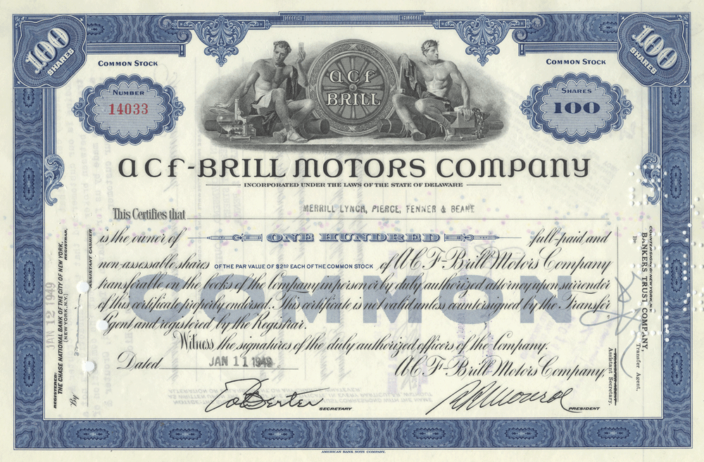 ACF-Brill Motors Company Stock Certificate