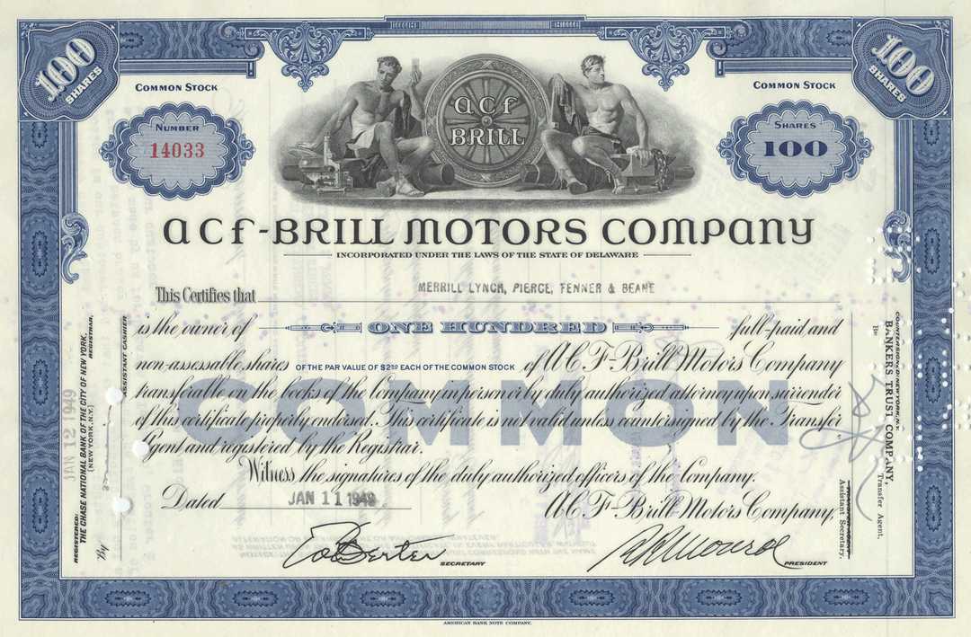 ACF-Brill Motors Company Stock Certificate