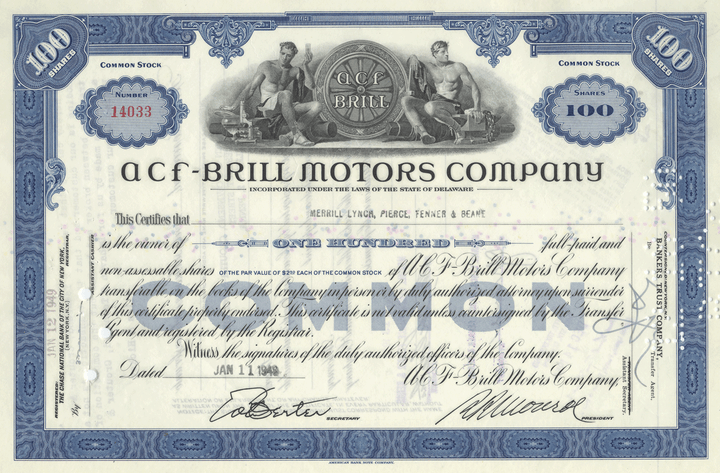 ACF-Brill Motors Company Stock Certificate