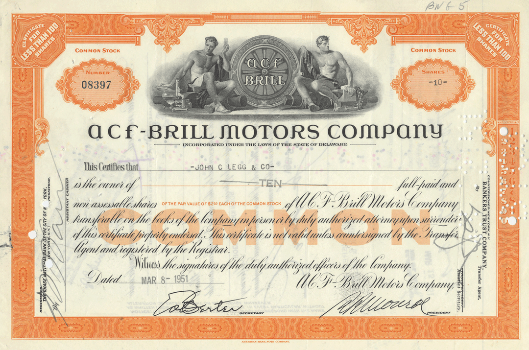 ACF-Brill Motors Company Stock Certificate