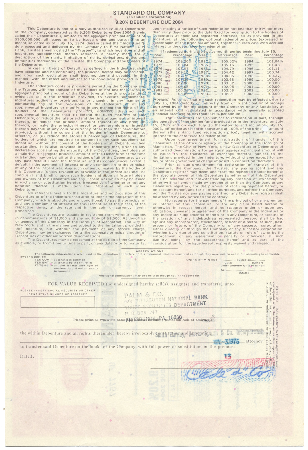 Standard Oil Company Bond Certificate