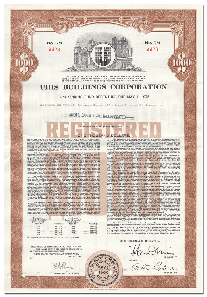 Uris Buildings Corporation Bond Certificate