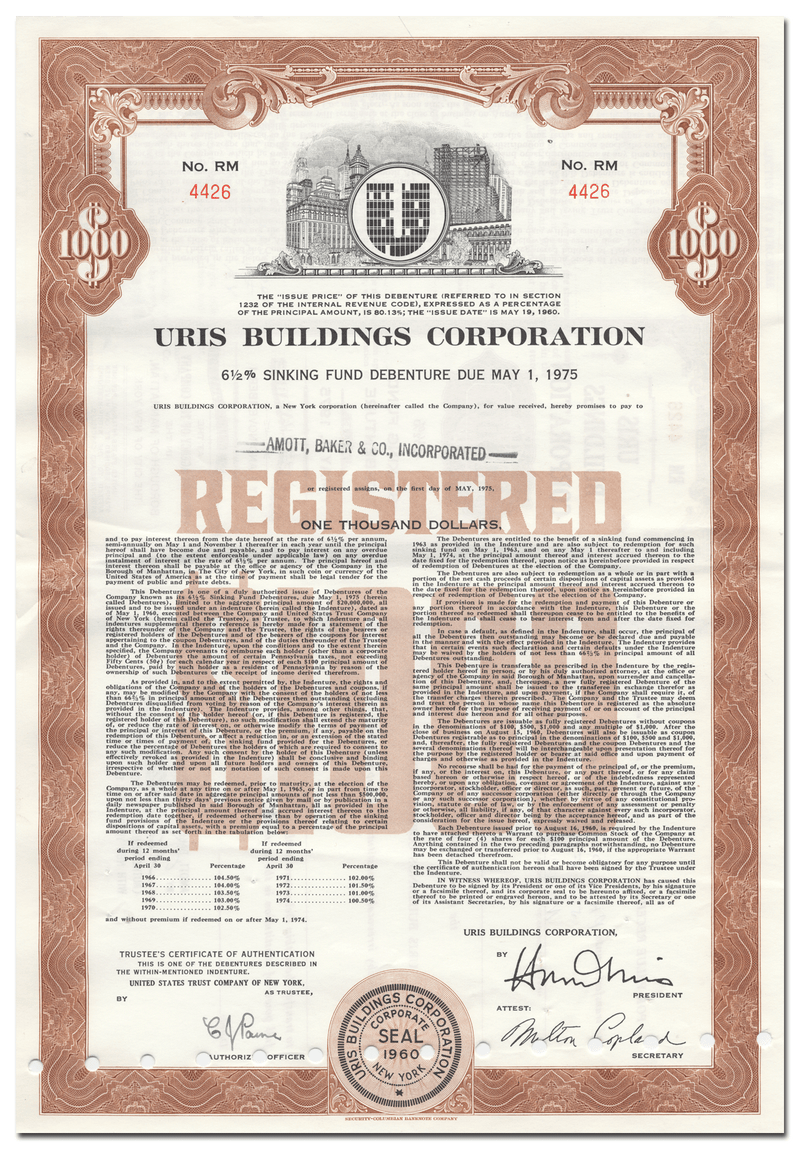 Uris Buildings Corporation Bond Certificate