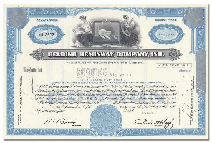 Belden Heminway Company, Inc. Stock Certificate