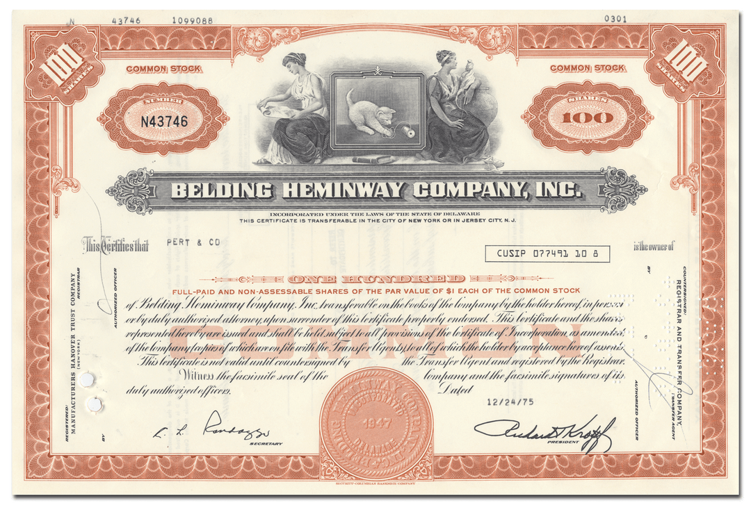 Belden Heminway Company, Inc. Stock Certificate