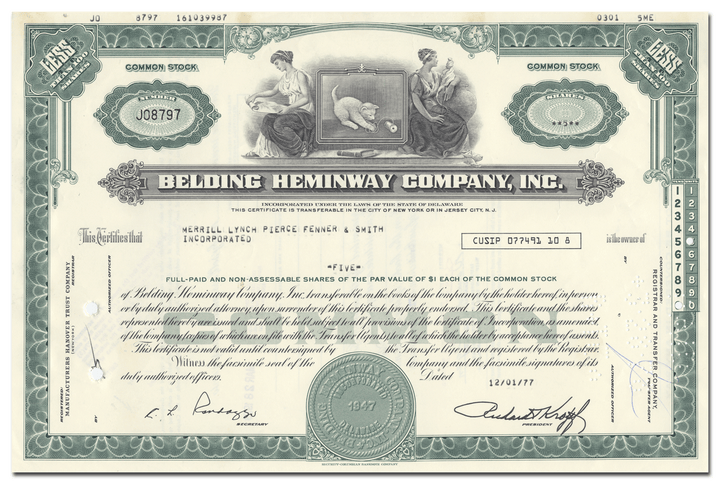 Belden Heminway Company, Inc. Stock Certificate