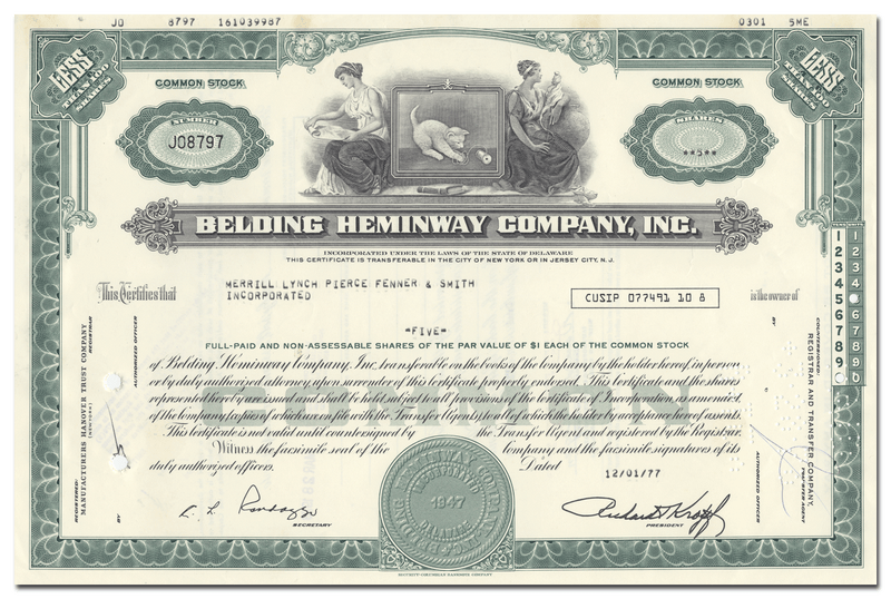 Belden Heminway Company, Inc. Stock Certificate