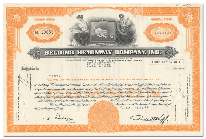 Belden Heminway Company, Inc. Stock Certificate