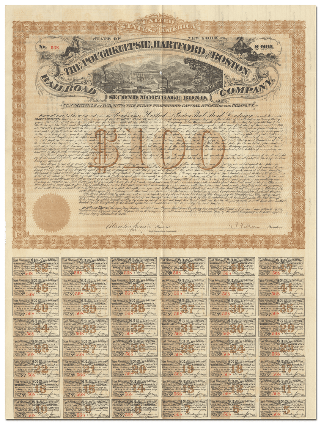 Poughkeepsie, Hartford & Boston Railroad Company Bond Certificate