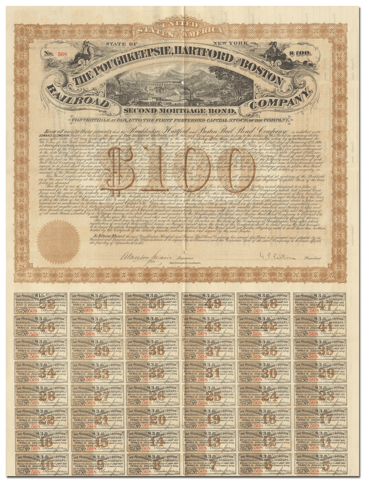 Poughkeepsie, Hartford & Boston Railroad Company Bond Certificate