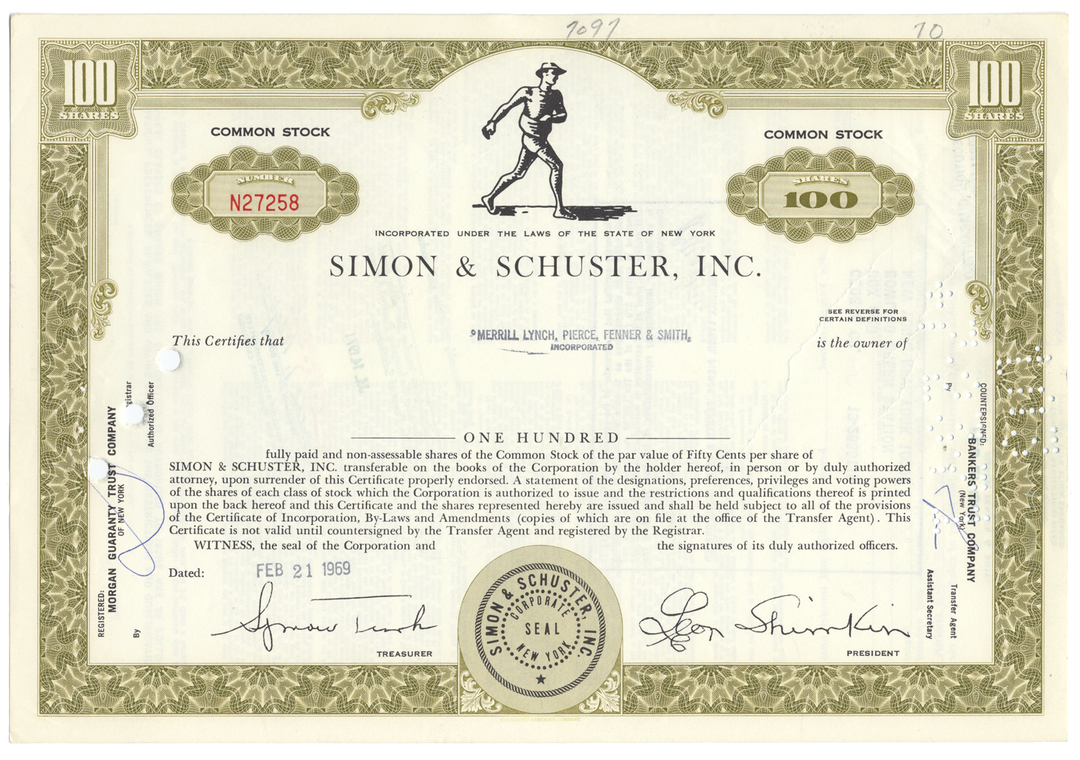 Simon & Schuster, Inc. Stock Certificate