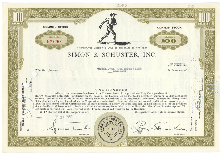 Simon & Schuster, Inc. Stock Certificate