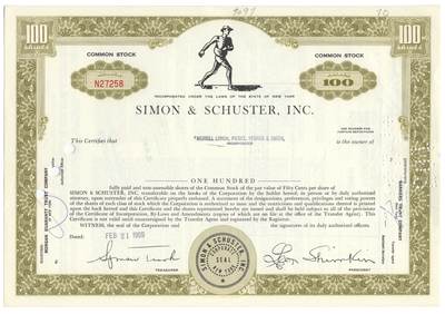 Simon & Schuster, Inc. Stock Certificate